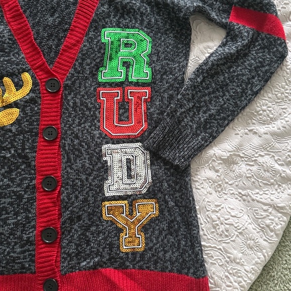 Christmas Ugly Sweater Festive Reindeer Rudy Sequin Cardigan S/M - Picture 5 of 8